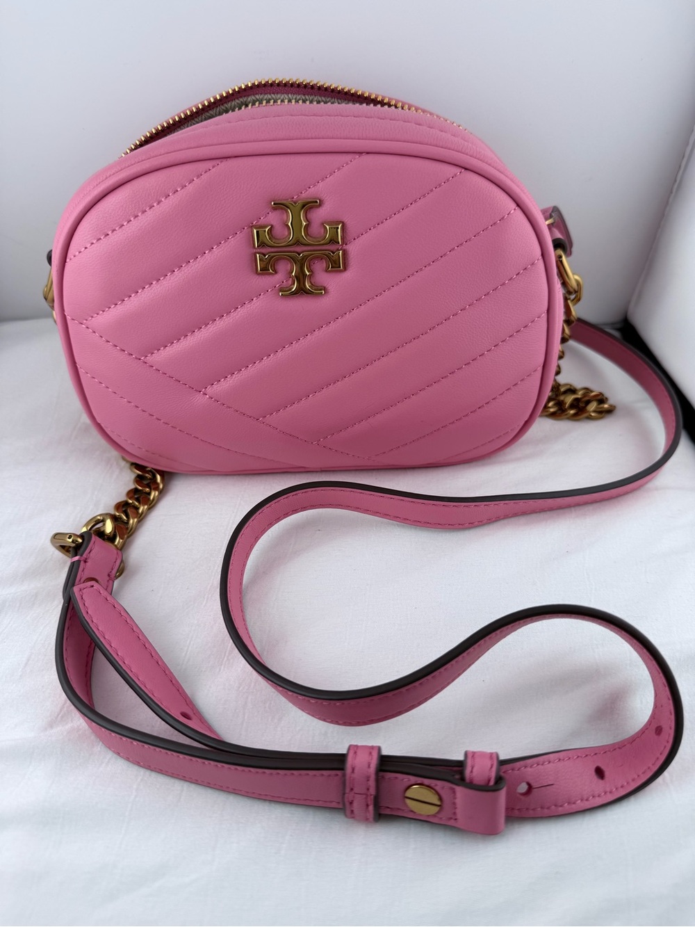 Tory Burch Pink Quilted Camera Crossbody with Gold Logo